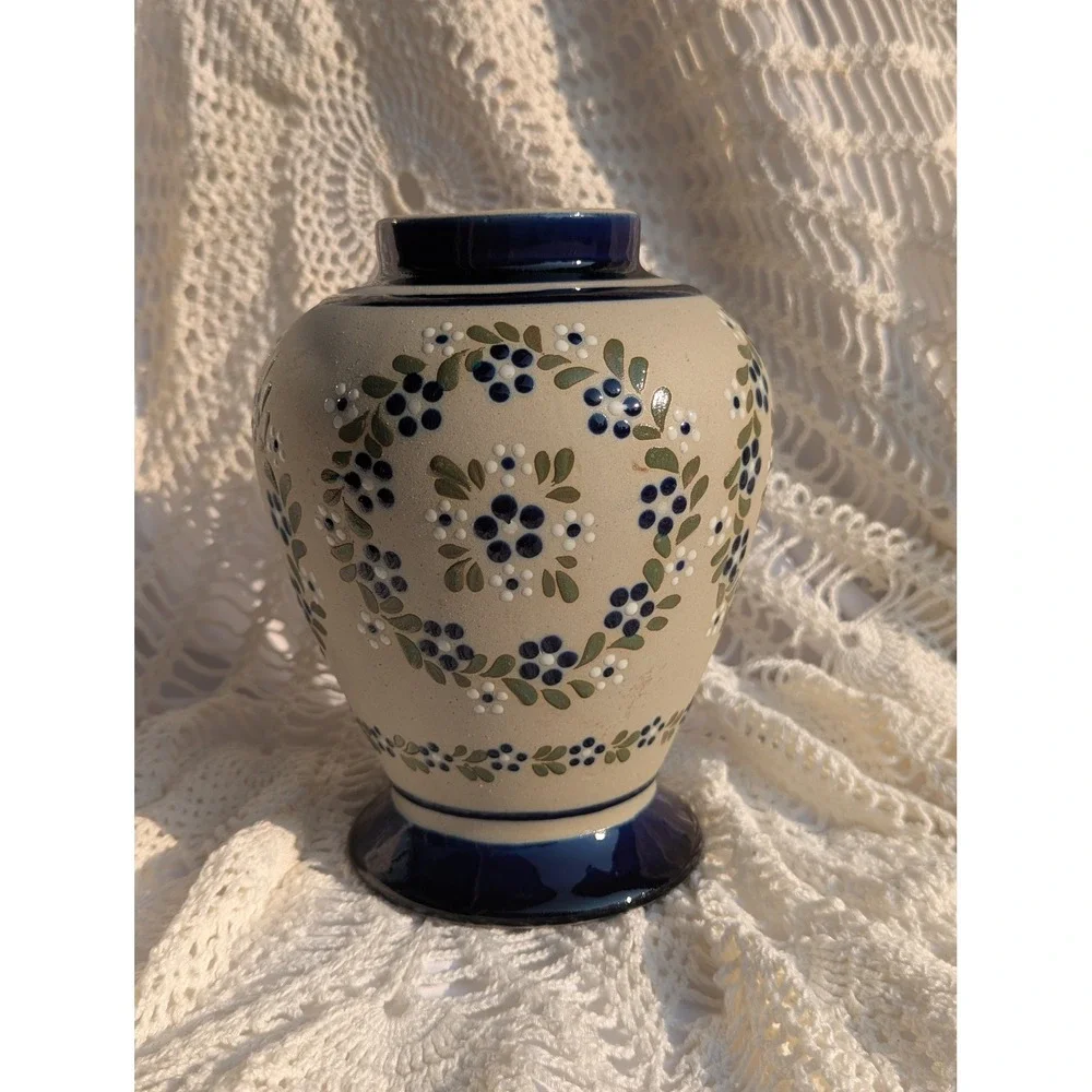 Vintage Hand Painted Mexican Pottery Vase Blue Floral Folk Art Stoneware